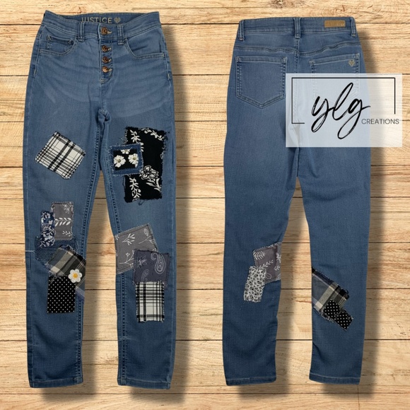 Justice Skinny Jeans Leggings Boho Patched Blue Black Plaid Girls Size 14 - Picture 1 of 11